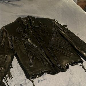 Vintage Leather Jacket with rose detail, fringe & removable liner.